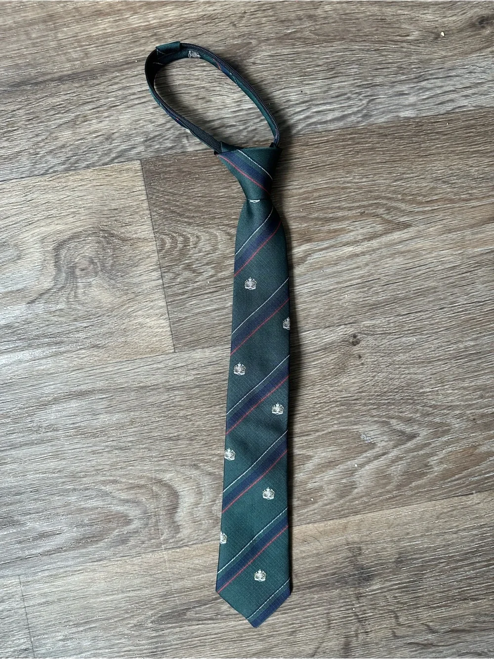 Vintage Unisex Dark Green Striped School Uniform Zipper Tie Royal Crest Pattern